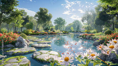 A beautiful garden with a pond and a lot of flowers. The pond is surrounded by rocks and there are many different types of flowers in the garden. Scene is peaceful and serene, as the flowers