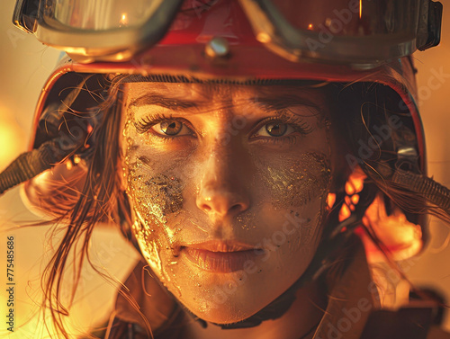 A woman wearing a red helmet and goggles. She has a serious look on her face. Concept of danger and the importance of safety gear in hazardous situations