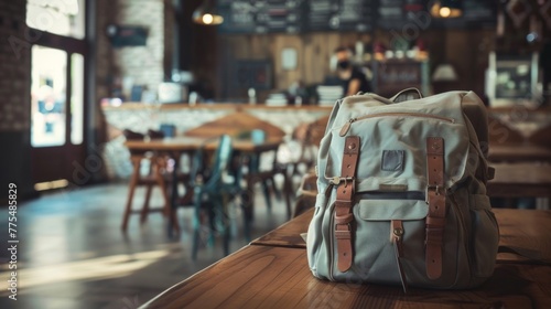 A backpack is placed on top of a wooden table in a cozy cafe setting