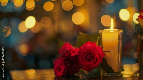 A candle and red roses placed on a table, creating a romantic ambiance for a dinner date
