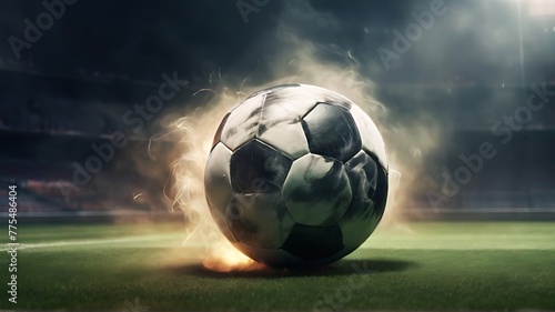 Football lies in the smoke on stadium grass Ball