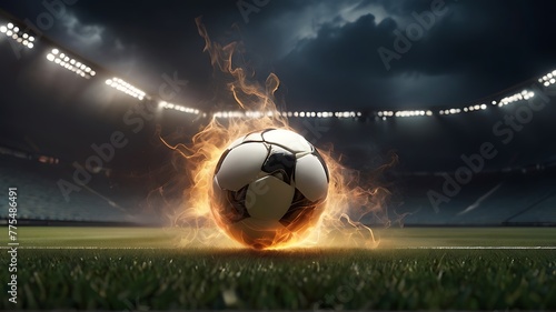 Football lies in the smoke on stadium grass Ball