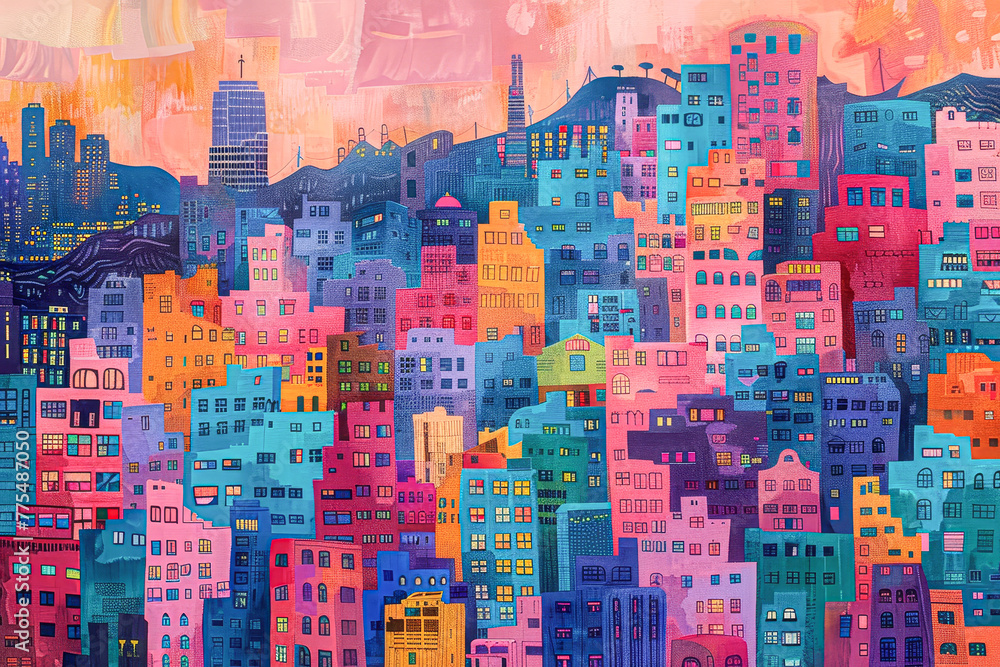 A painting of a cityscape with many different colored buildings. The painting is very colorful and vibrant, with a lot of detail. The mood of the painting is lively and energetic