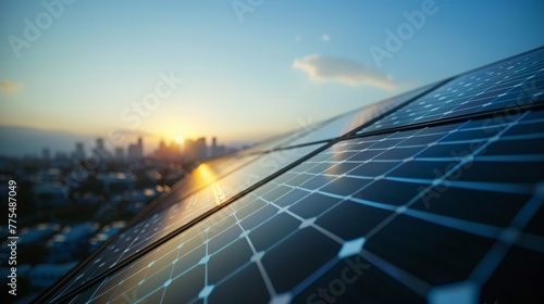 A closeup of a solar panel installation on the side of a building with the city skyline visible in the background highlighting the . .