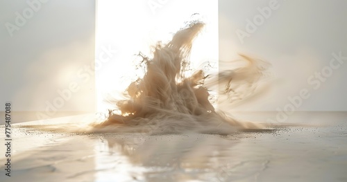 close-up photo of an floating abstract dusty whirlwind. floating over interrior floor. floating in center, white clean interrior background. photo