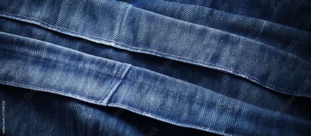 Close up view of a pair of denim jeans displayed against a vibrant blue backdrop, highlighting the texture and design