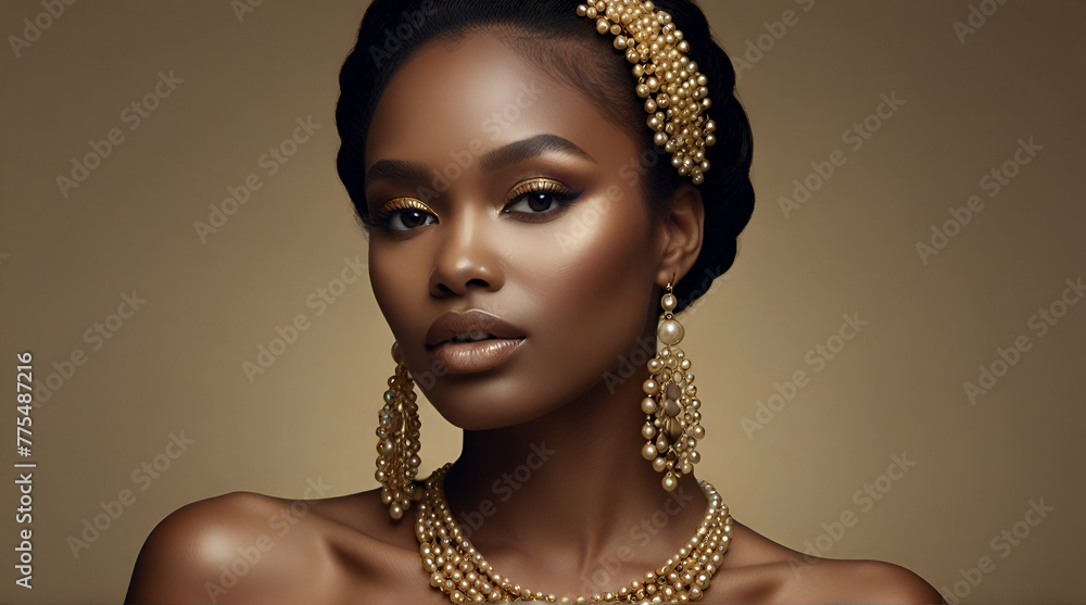 Jewelry fashion banner, woman in luxury creative golden pearls jewels, glamour female african.generative.ai Jewelry fashion banner, woman in luxury creative golden pearls jewels, glamour female african.generative.ai