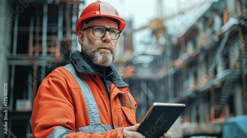 A man in a construction site wearing a red jacket and a hard hat is holding a tablet. He is focused on the tablet, possibly checking some information or instructions related to his work © Kowit