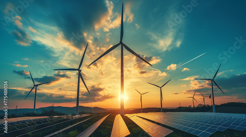 Solar cell panels and wind turbines in sunset sky for alternatively power generator source, renewable energy for future power supply and eco-friendly with environment.