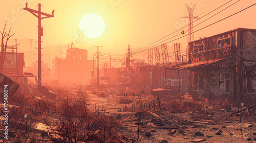 A desolate, abandoned town with a large sun in the sky