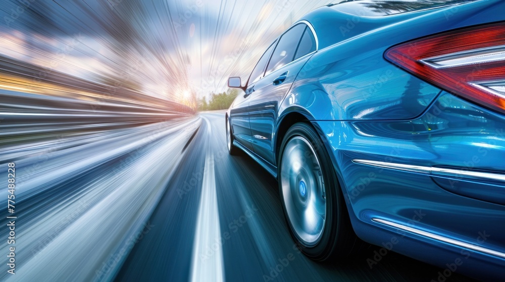 Dynamic motion blur view of modern car speeding along futuristic-looking road, illustrating fast transportation and advanced automotive technology. Automotive industry and