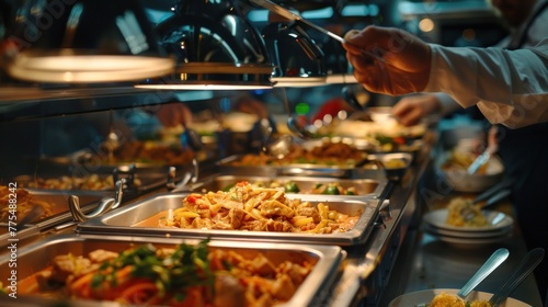 Chef serving freshly prepared dishes at buffet in restaurant. Catering food concept with variety of delicious meals. Food service and hospitality. Buffet dining and cuisine