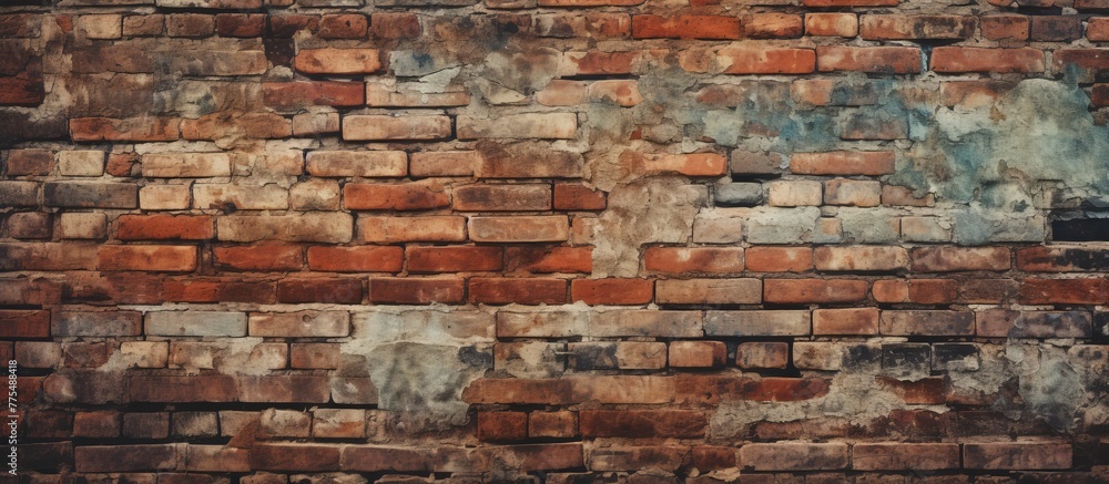 A close-up view of a worn brick wall featuring a faded pastel blue paint coating, adding a soft touch to the rugged texture A close-up view of a worn brick wall featuring a faded pastel blue paint coating, adding a soft touch to the rugged texture