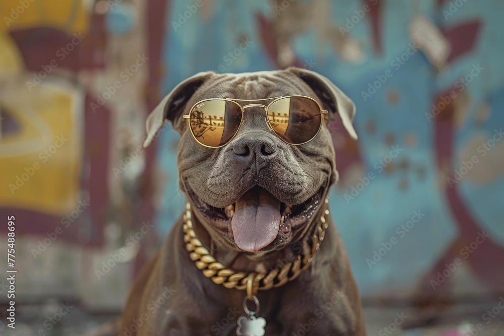 A happy dog with sunglasses and gold chain, looking at camera, Generative AI A happy dog with sunglasses and gold chain, looking at camera, Generative AI