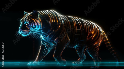 prompt "Cybernetic tiger with neon stripes prowling through the shadows against a futuristic black backdrop" --ar 16:9 --stylize 500 --v 5 Job ID: 27aedbfa-9a0b-4fad-af3a-d5d189537c2b © Zhanna
