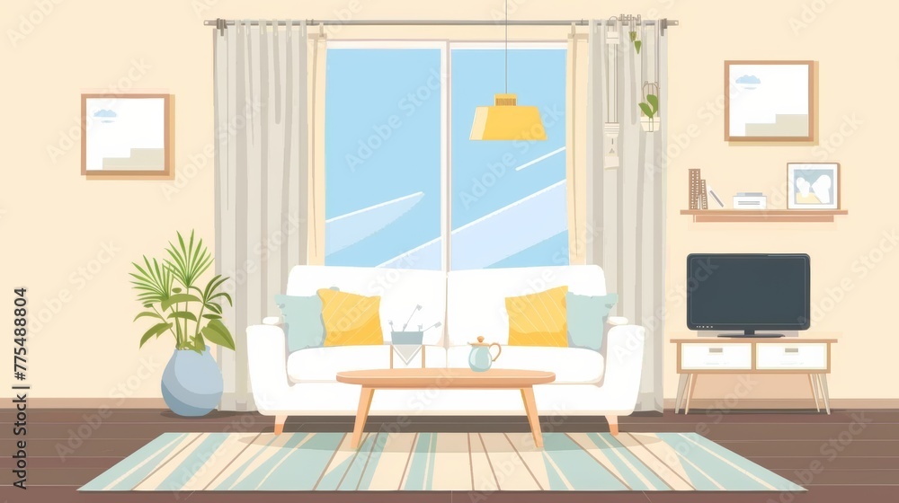 Flat cartoon vector illustration of living room with many furniture. Flat cartoon vector illustration of living room with many furniture.