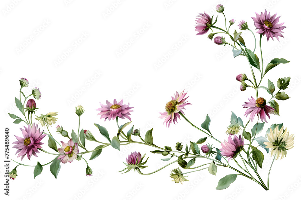 Beautiful boho wild flowers frame isolated on transparent background with copy text space. 3D realistic floral illustration for banner, postcard, greeting card, save the date cards Beautiful boho wild flowers frame isolated on transparent background with copy text space. 3D realistic floral illustration for banner, postcard, greeting card, save the date cards