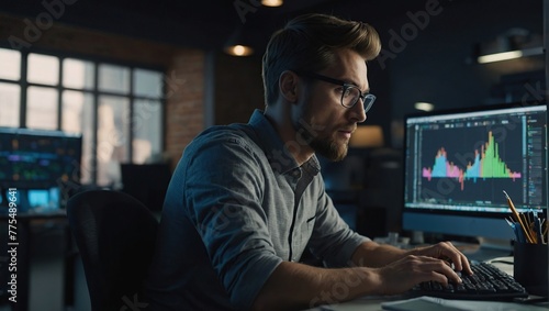 Portrait of Professional Male Developer Using Desktop Computer and Typing in Creative Office, Caucasian Man Analysing Data and Budget for the Lunch of a New Product in Big Gaming Company