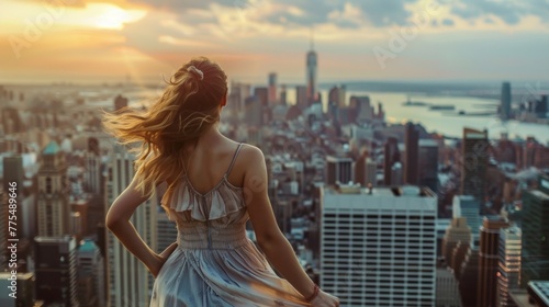 A woman in a flowy dress leans against the edge of the rooftop hair blowing in the wind as takes in the bustling city scenery. . . photo