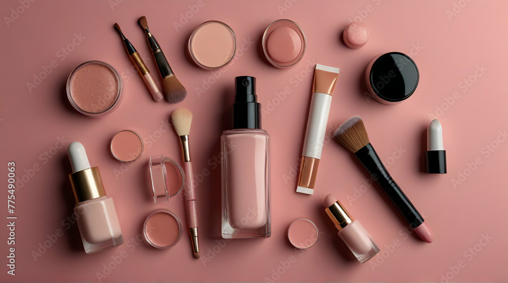 Woman flat lay makup background with cosmetics on pink.generative.ai Woman flat lay makup background with cosmetics on pink.generative.ai