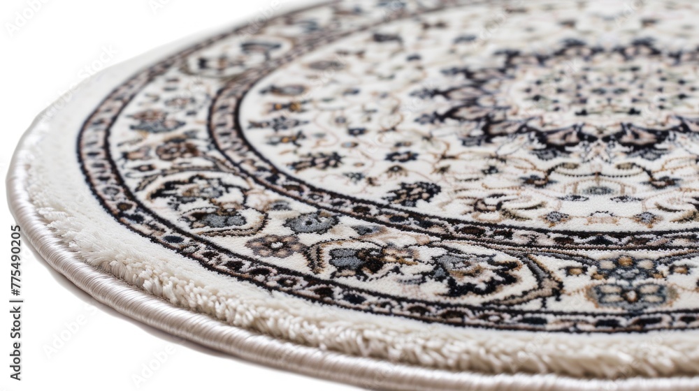 Luxurious Comfort underfoot. Round carpet isolated on white background. Intricate details, plush textures highlight craftsmanship. Elegance of home furnishings showcased.