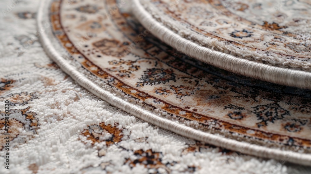 Luxurious round rug with intricate details and plush textures.