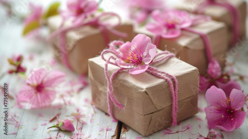 Three craft gift boxes wrapped in paper and tied with pink string, adorned with delicate pink flowers © tashechka
