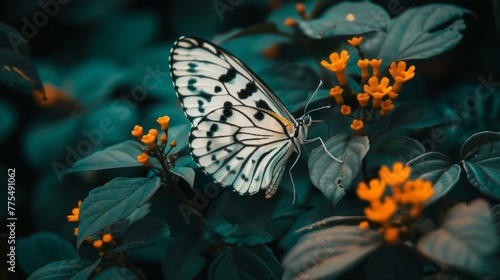 A white butterfly perched on a vibrant green plant in a natural setting