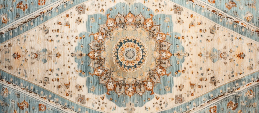 Blue and beige rug featuring intricate medallion design in a close up view, showcasing detailed patterns