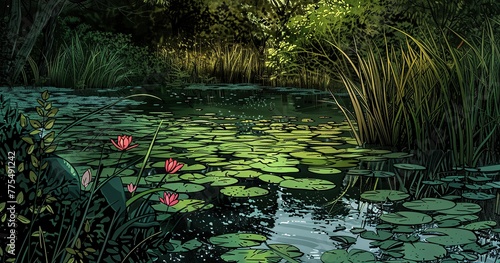 Comic book style  environment of a stream  Nofer leaves  water lilies  bank on the horizon