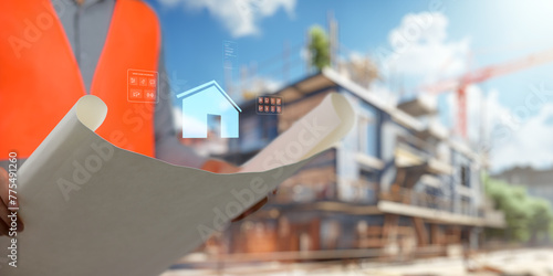 Engineer holding construction blueprint template for building, house, checking accuracy.