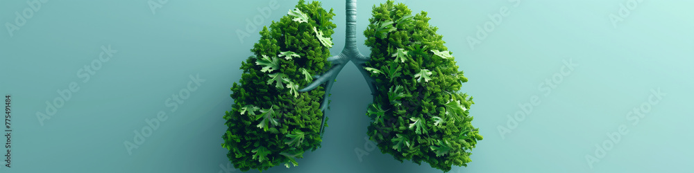 Pair of scissors cutting through the shape of a set of lungs. Concept of lung health, clean air, the harm of smoking. Banner, copy space. Earth Day.