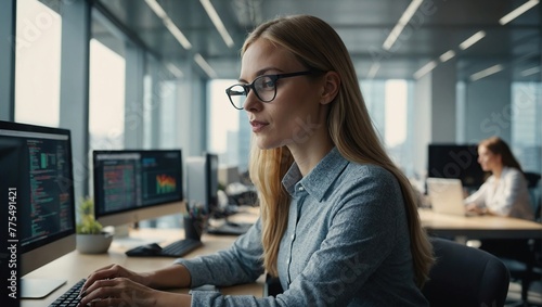 Young Female Data Scientist Typing On Desktop Computer In Bright And Diverse Corporate Office Window View, Professional Caucasian Woman Working In Tech Startup Company With Colleagues