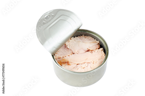 open canned tuna can isolated on white background top view