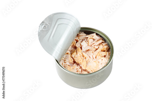 open canned tuna can isolated on white background top view