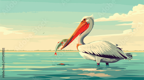 Pelican eating fish in the bay 2d flat cartoon vact