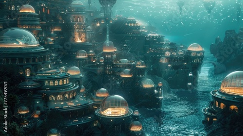 Futuristic Underwater City Thriving with Bioluminescent Marine Life © Sittichok