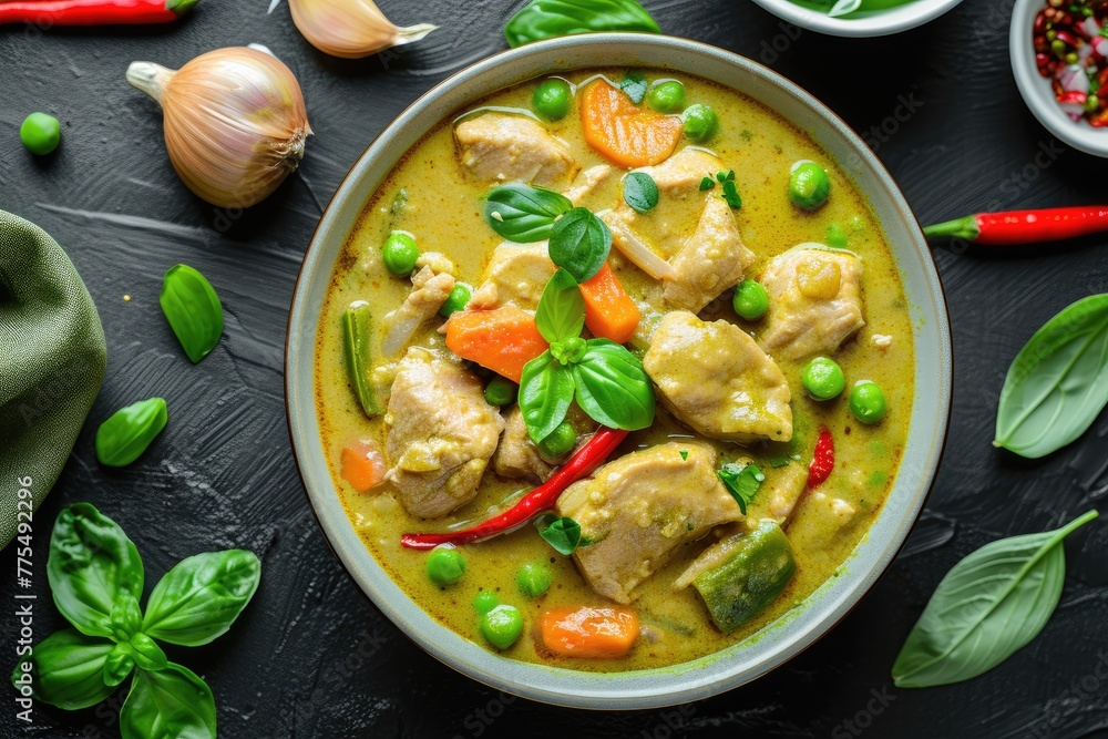 Pork Curry made of pork fillet, green curry paste, coconut milk, vegetable broth, carrots dices, pepper diced, peas, fish sauce, onion chopped, soya sauce, indian cuisine, Pork Curry made of pork fillet, green curry paste, coconut milk, vegetable broth, carrots dices, pepper diced, peas, fish sauce, onion chopped, soya sauce, indian cuisine,