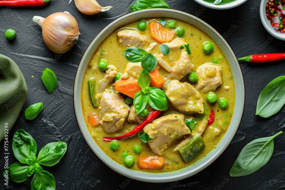 Pork Curry made of pork fillet, green curry paste, coconut milk, vegetable broth, carrots dices, pepper diced, peas, fish sauce, onion chopped, soya sauce, indian cuisine, 