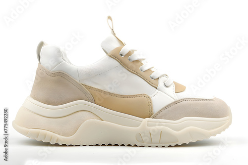 Stylish High-End Chunky Sole Women's Sneaker in White and Creamy Beige with Silver Details