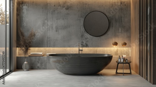 Luxurious modern bathroom with bathtub  Modern Design Interior.