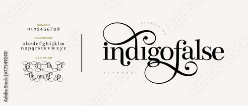 Indigofalse elegant Font Uppercase Lowercase and Number. Classic Lettering Minimal Fashion Designs. Typography modern serif fonts regular decorative vintage concept. vector illustration