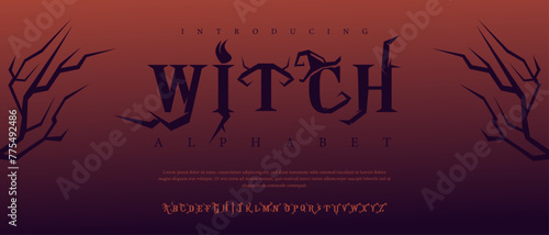 Witch horror halloween Font Uppercase Lowercase and Number. Spooky Lettering Minimal Fashion Designs. Typography modern serif fonts regular decorative vintage concept. vector illustration
