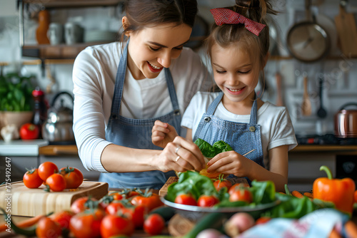 A mother and her daughter are cooking together in the kitchen  bonding over preparing a meal.