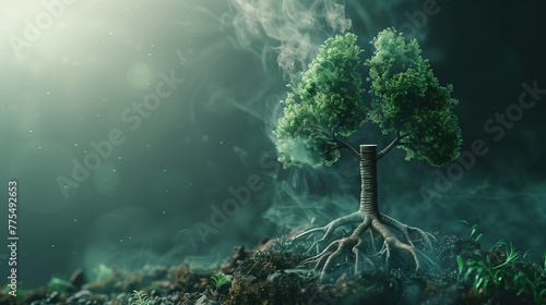 A tree with its roots exposed above ground, revealing intricate patterns and structures. Concept of lung health, clean air, the harm of smoking. Copy space. Earth Day.