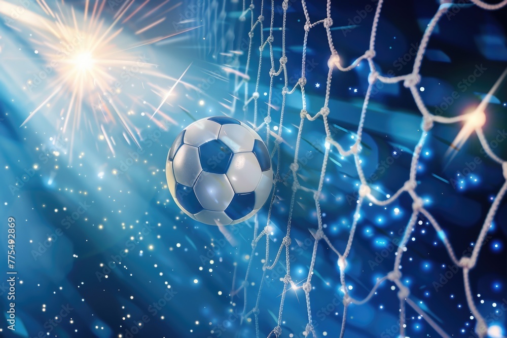 Fototapeta premium Soccer ball scoring a goal with a dynamic background of sparkles and light, representing energy and victory in sports.