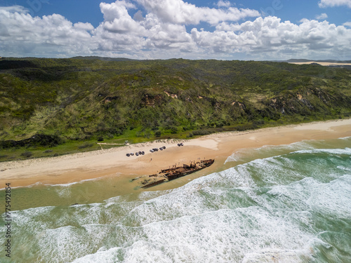 Aerial view of the S.S. Maheno Shipwreck along 75 mile beach on the sand island of K’gari, Queensland, Australia
