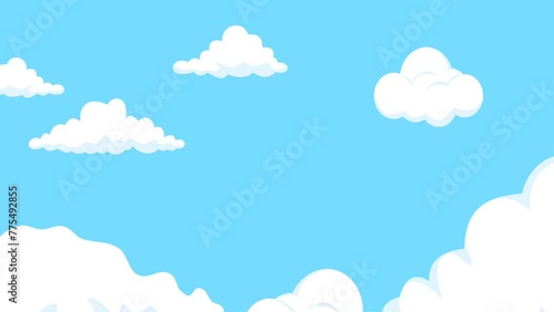 Blue sky full of clouds moving right to left. Cartoon sky animated background. Flat animation. 4k video animated 