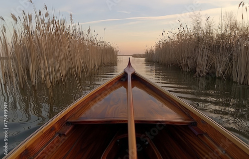 Peaceful Morning Skiff in the Estuary with Cranes photo