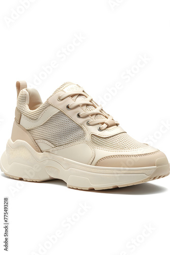 Stylish High-End Chunky Sole Women's Sneaker in White and Creamy Beige with Silver Details